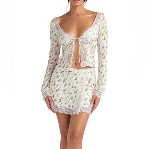 House Of CB Clarissa Lace Trim Top & Noemie Floral Satin Skirt in Garden Print